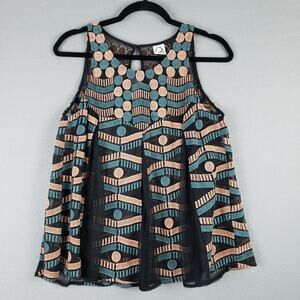Anthropologie Akemi‎ & Kin Size S Pleated Jacquard Tank Black Teal Maximalist